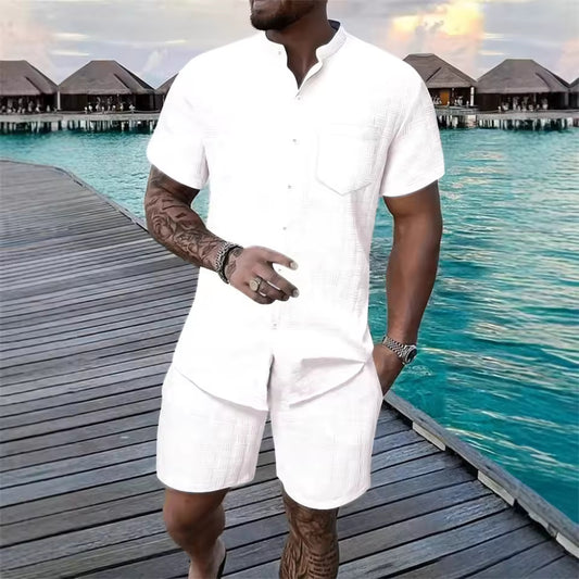 Men's Summer Fashionable Short Sleeve Shirt And Shorts Set with Stripe Pattern Stand Collar Hawaiian Beach Two-Piece Set