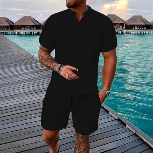 Men's Summer Fashionable Short Sleeve Shirt And Shorts Set with Stripe Pattern Stand Collar Hawaiian Beach Two-Piece Set