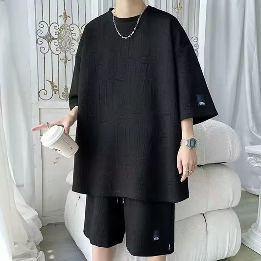 Fashionable Sport Suit Men's Summer Cool Slick Plus Sizes Short Sleeve T-shirt Loose Fit Five Minute Pants Trendy Brand Clothing