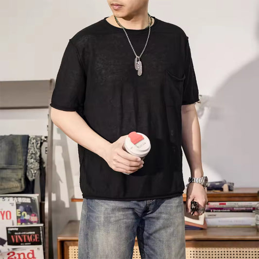 Red Tornado 100% Linen Knit T-Shirt in Black Breathable Crewneck Pocket Tee For Men